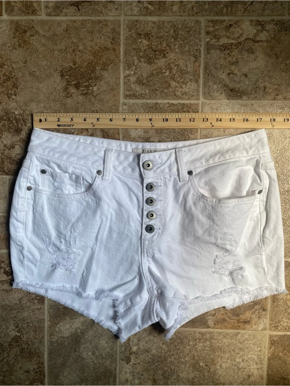 Torrid White Denim Cut Off Shorts High Rise Button Fly Distressed Size 10